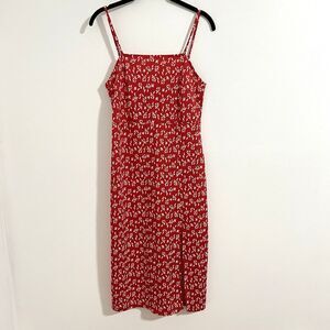 Zara Midi Slip Dress Size M Red Floral With Slit Cottage Prairie Preppy Dainty